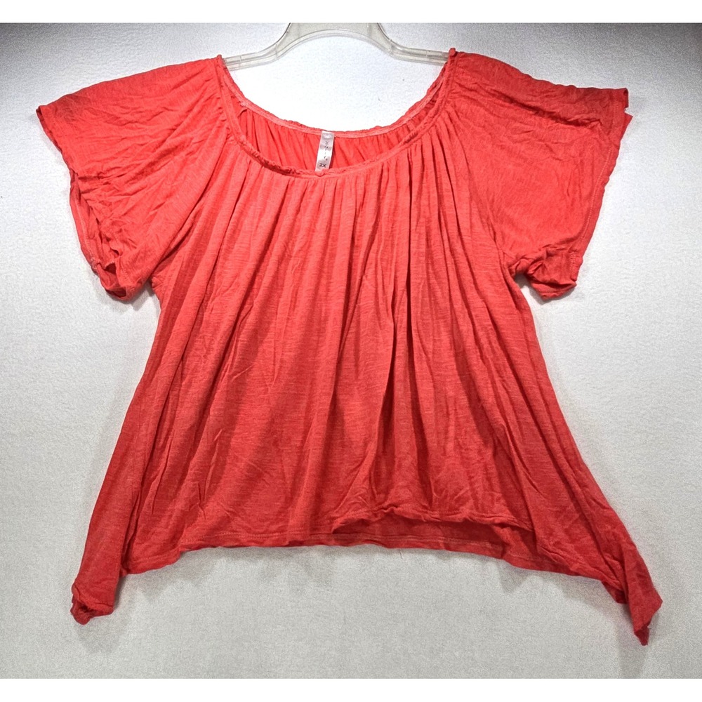 Vicinity Women 2X Coral Red Slub Knit Flutter Sleeve Asymmetrical Hem Top Blouse